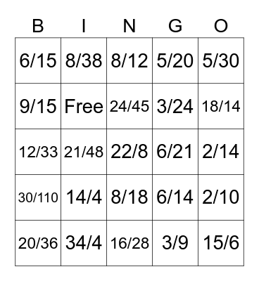 Fraction Bingo Game 1 Bingo Card