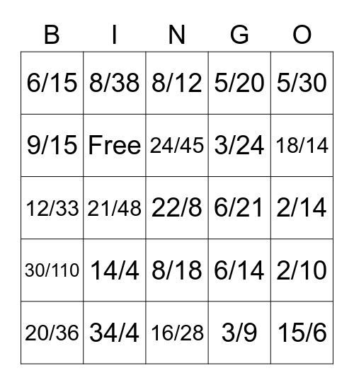 Fraction Bingo Game 1 Bingo Card