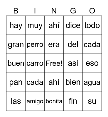 Spanish Sight Words Bingo Card