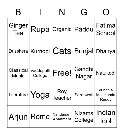 Ushasree's Favourite Things Bingo Card