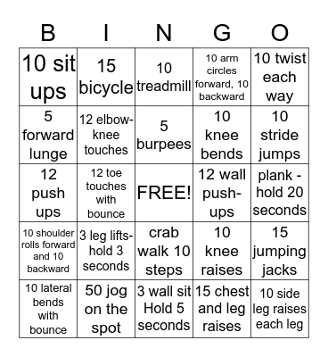 Fitness Bingo Card