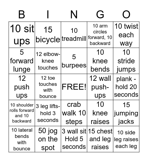 Fitness Bingo Card