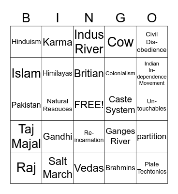 India History Bingo Card