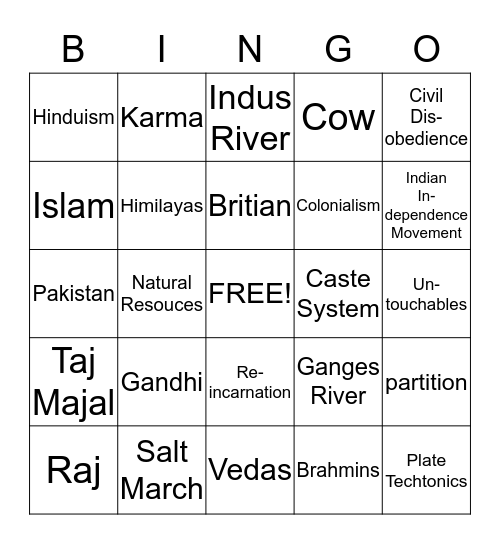 India History Bingo Card