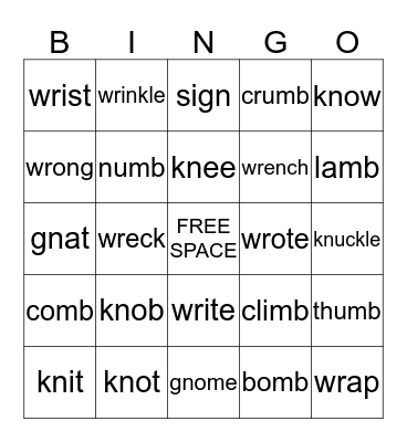Digraph Bingo Card