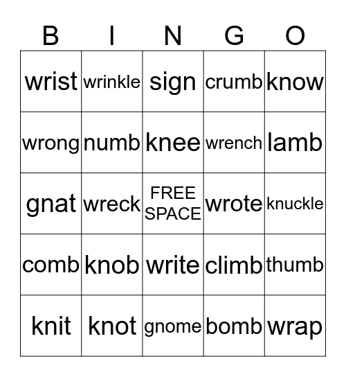 Digraph Bingo Card