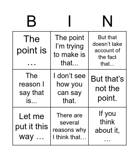 5.3 Making a point Bingo Card