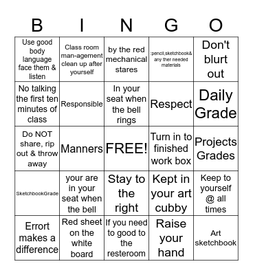 Art Room Class Rules Bingo Card