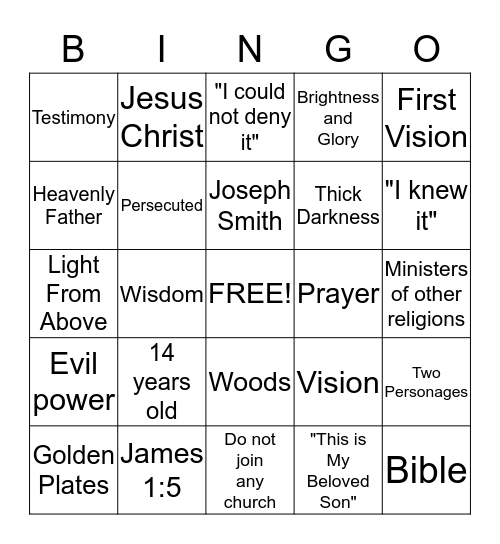 First Vision Bingo Card