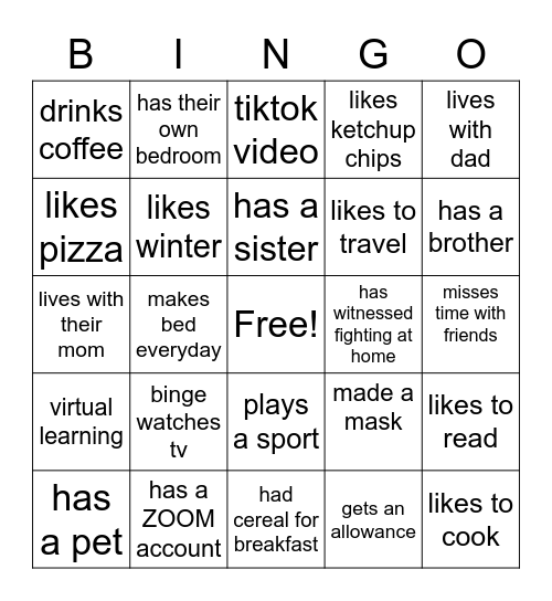 Getting to know you! Bingo Card