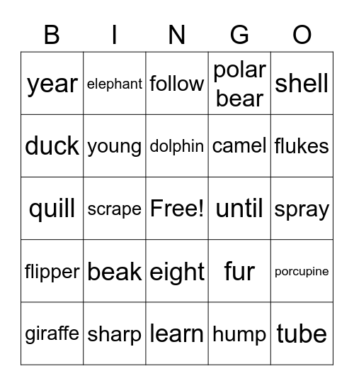 Amazing Animals Vocab. Bingo Card