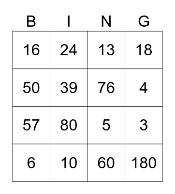 Number Quiz Bingo Card
