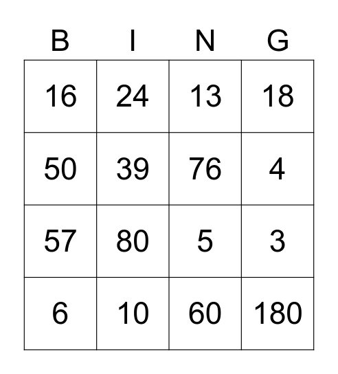 Number Quiz Bingo Card