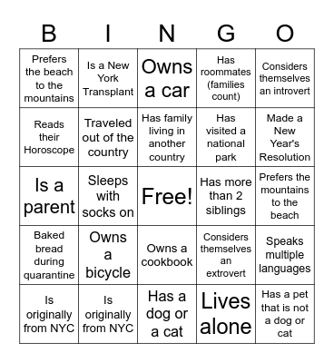OHC Welcome Back Bingo Card