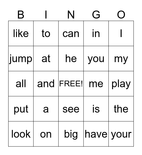 Sight Words Bingo Card