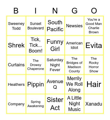 Inspirations Musical Theatre Bingo Card
