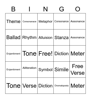 Poetic Lingo Bingo Card