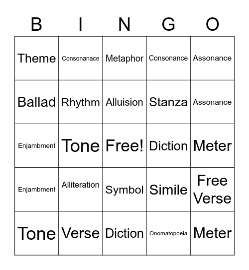 Poetic Lingo Bingo Card