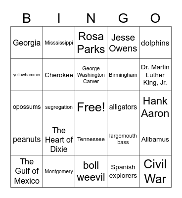 ALABAMA Bingo Card