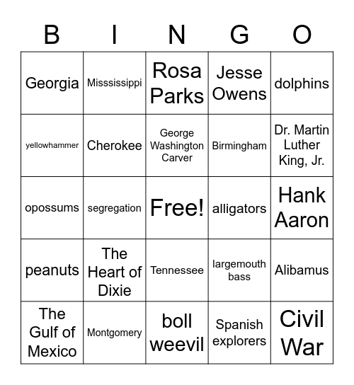 ALABAMA Bingo Card