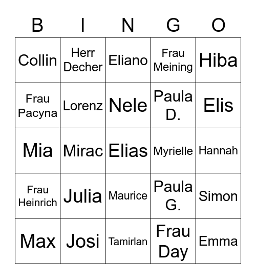 Namen Bingo Card