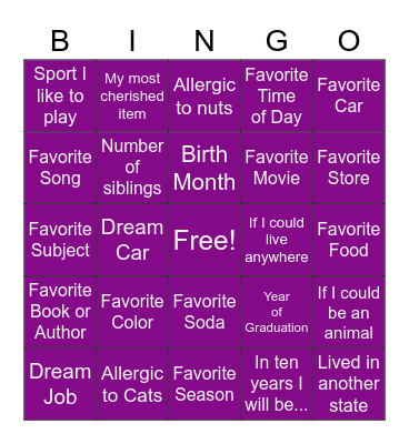 Favorite Things Bingo Card