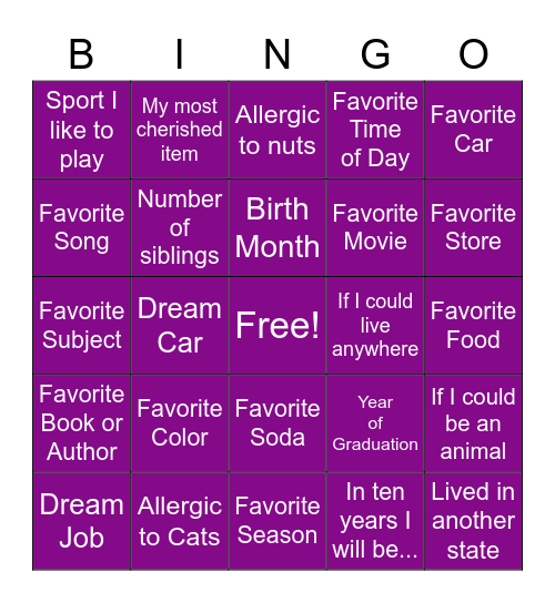 Favorite Things Bingo Card