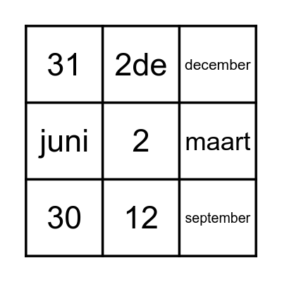 Kalender Bingo Card