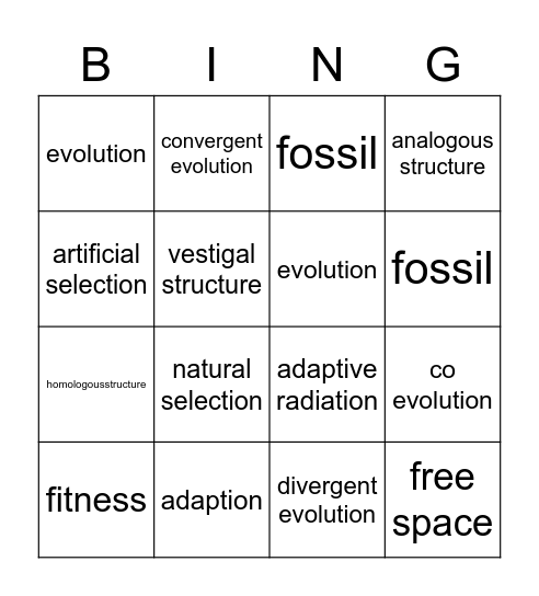 Natural Selection Bingo Card