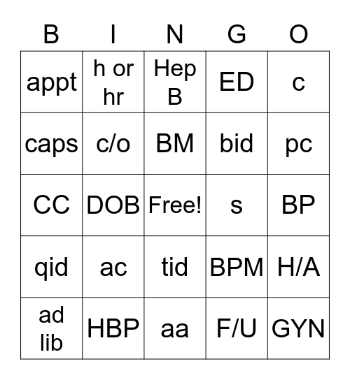 Abbreviations 1 Bingo Card