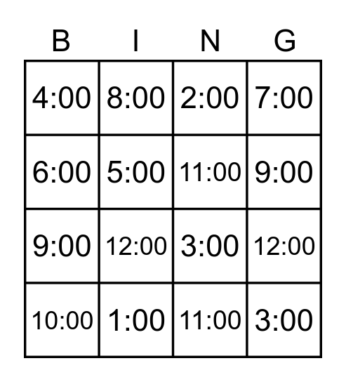 Time to the Hour Bingo Card