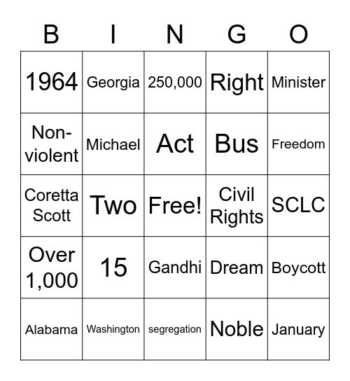 Martin Luther King, Jr Day Bingo Card