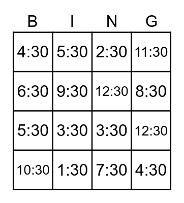 Time to the Hour Bingo Card