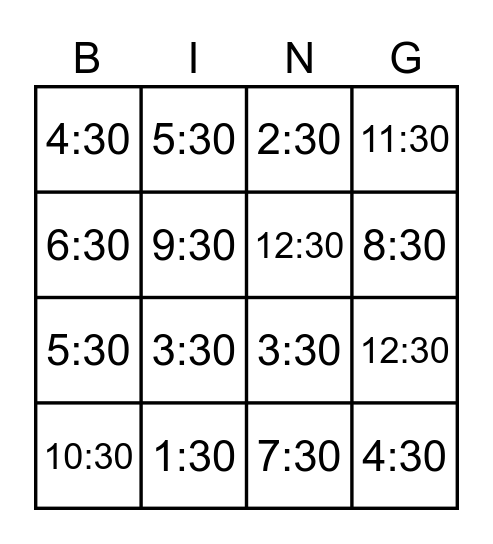 Time to the Hour Bingo Card