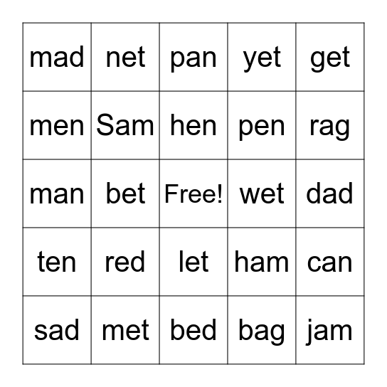 Word Grid Game Board Bingo Card