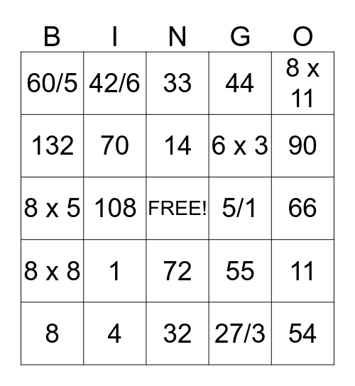 Math Mixup Bingo Card