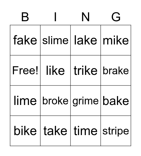Silent 'E' Bingo Card