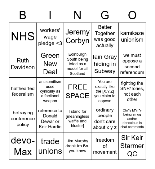 Lothian List Hustings Bingo Card
