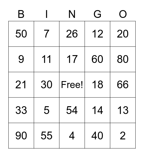 Numeros 1-100 Bingo Card
