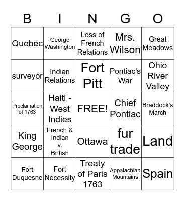 FRENCH AND INDIAN WAR Bingo Card