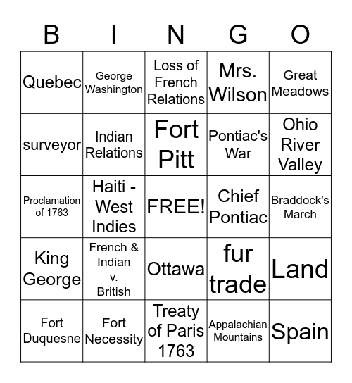 FRENCH AND INDIAN WAR Bingo Card