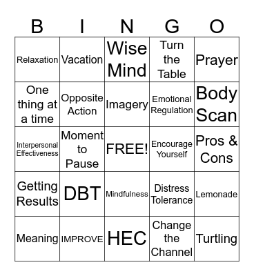 Dialectical Behavior Therapy Bingo Card