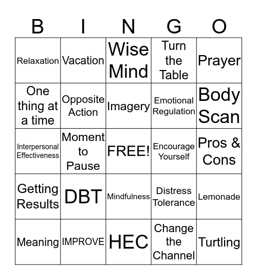 Dialectical Behavior Therapy Bingo Card