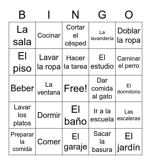 Los quehaceres y partes de la casa Bingo Card