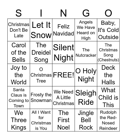 Holiday Singo Bingo Card
