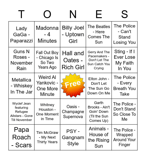 Game Of Tones 1/18/21 Game 6 Bingo Card