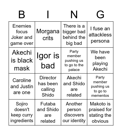 Persona 5R Bingo Card