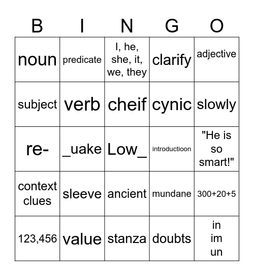 4th grade 2nd week Bingo Card