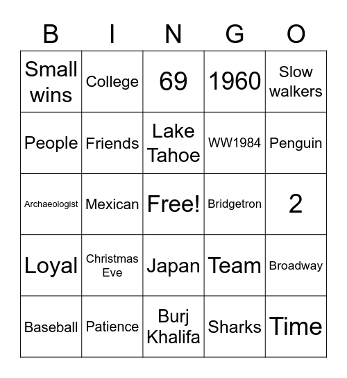 Kelly Bingo Card
