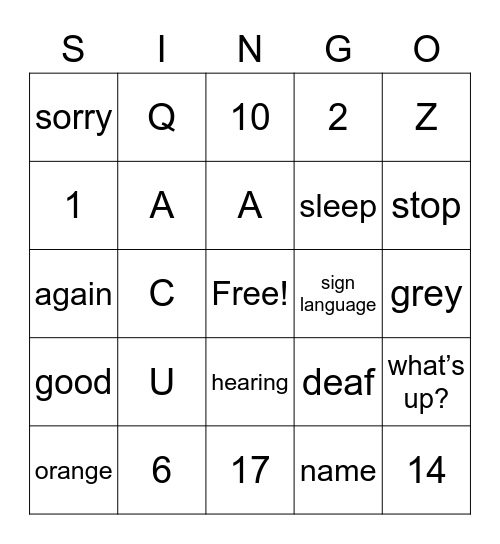 JTerm Sign Language Bingo Card